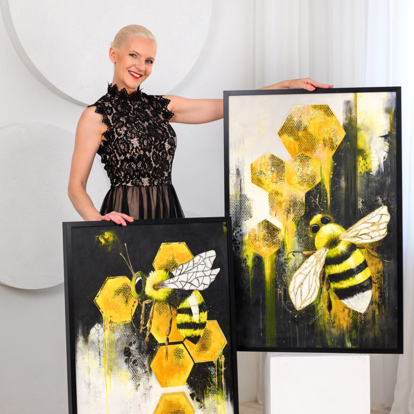 Artist with golden guardian and bossy bee