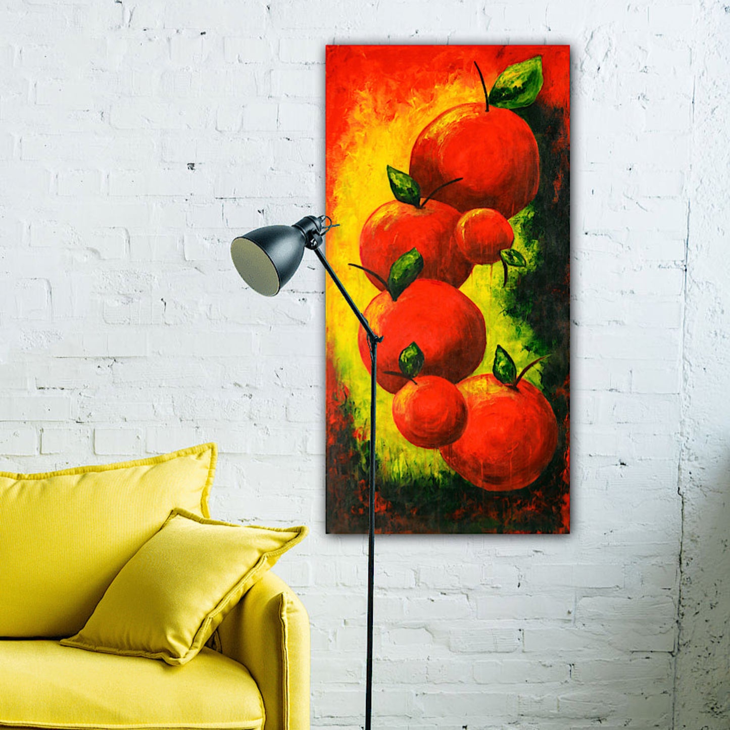 Painting on the white wall with yellow sofa