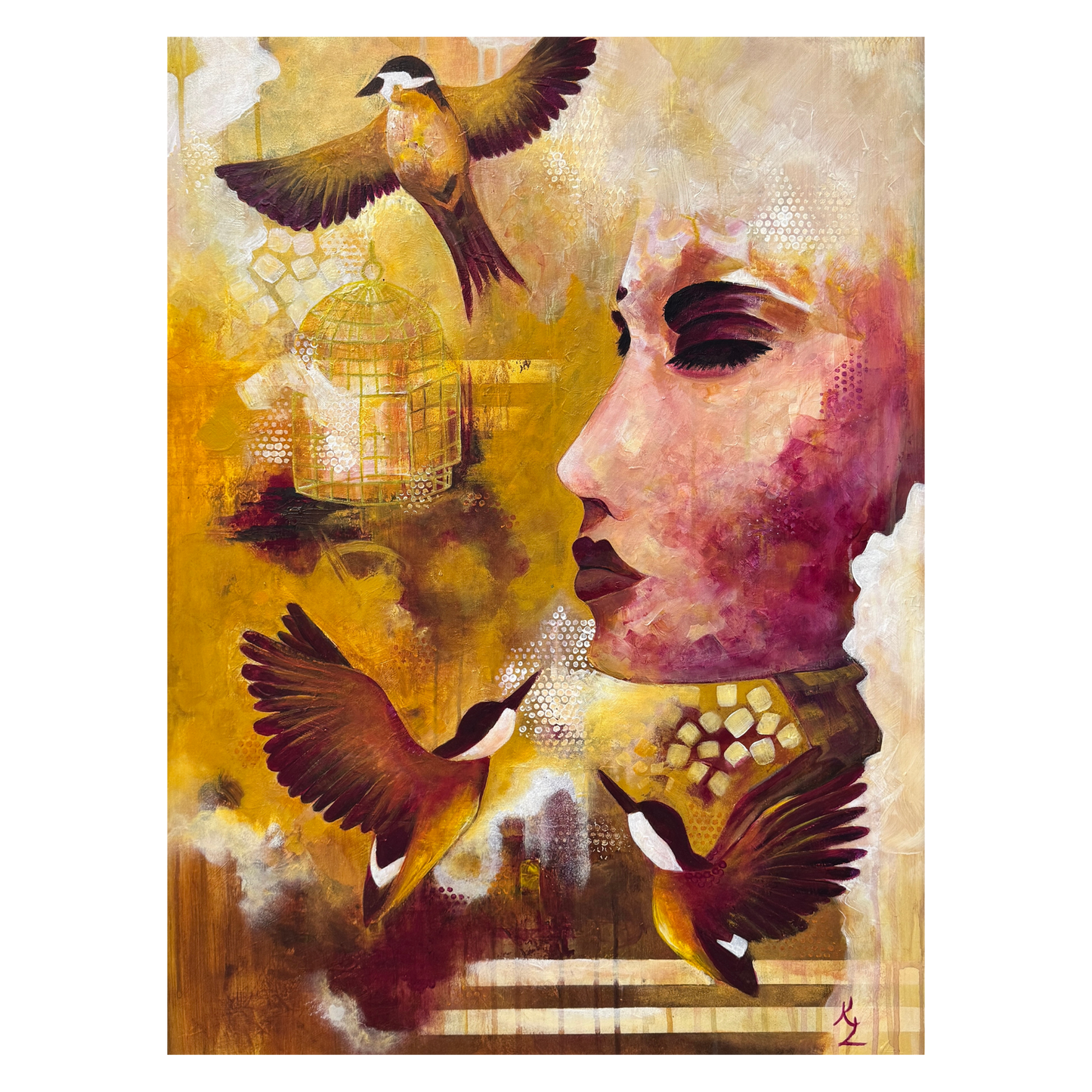 Pink Woman portrait with birds and golden cage
Roosa iane portree kunst koos lindudega ja linnupuuriga