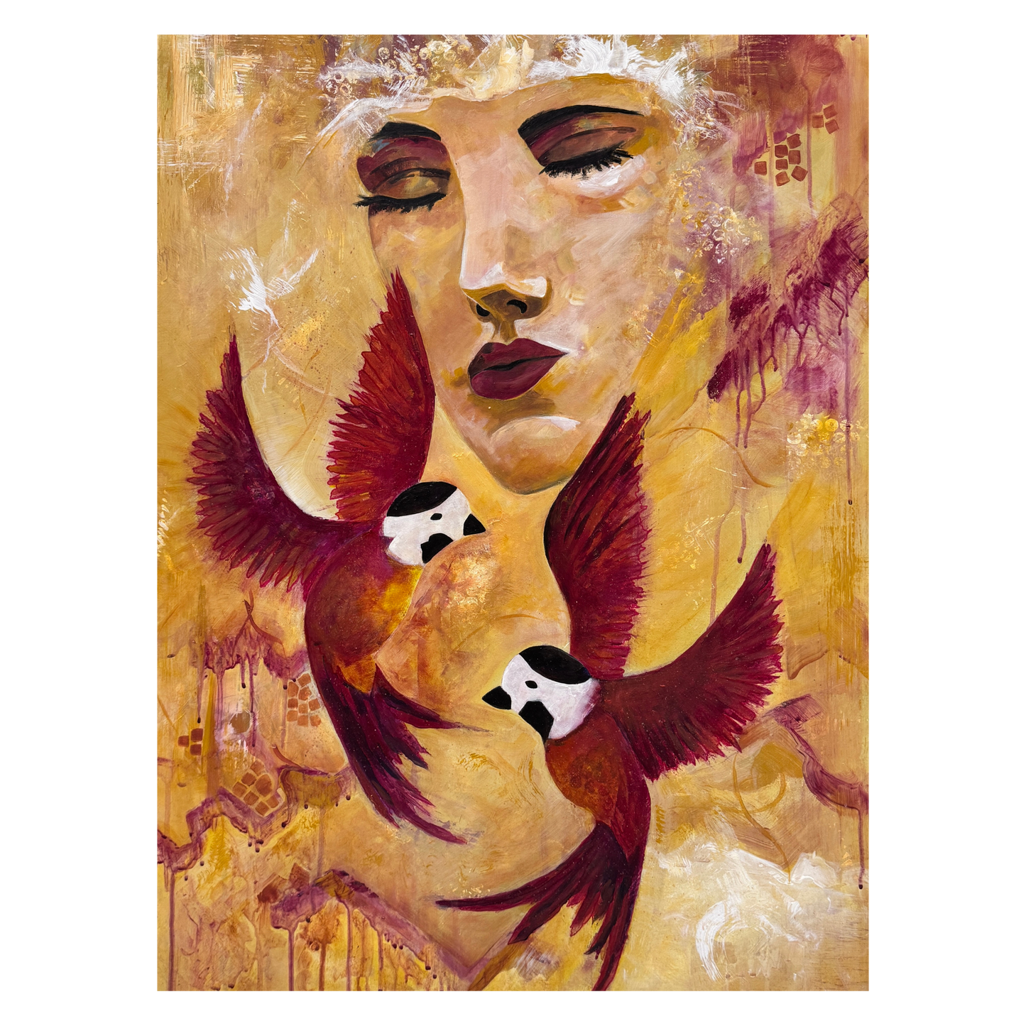 A painting of a woman's face with closed eyes and flying reddish-brown birds on a golden-yellow background.
Maal naise näost suletud silmade ja lendlevate punakaspruunide lindudega kuldkollasel taustal.
