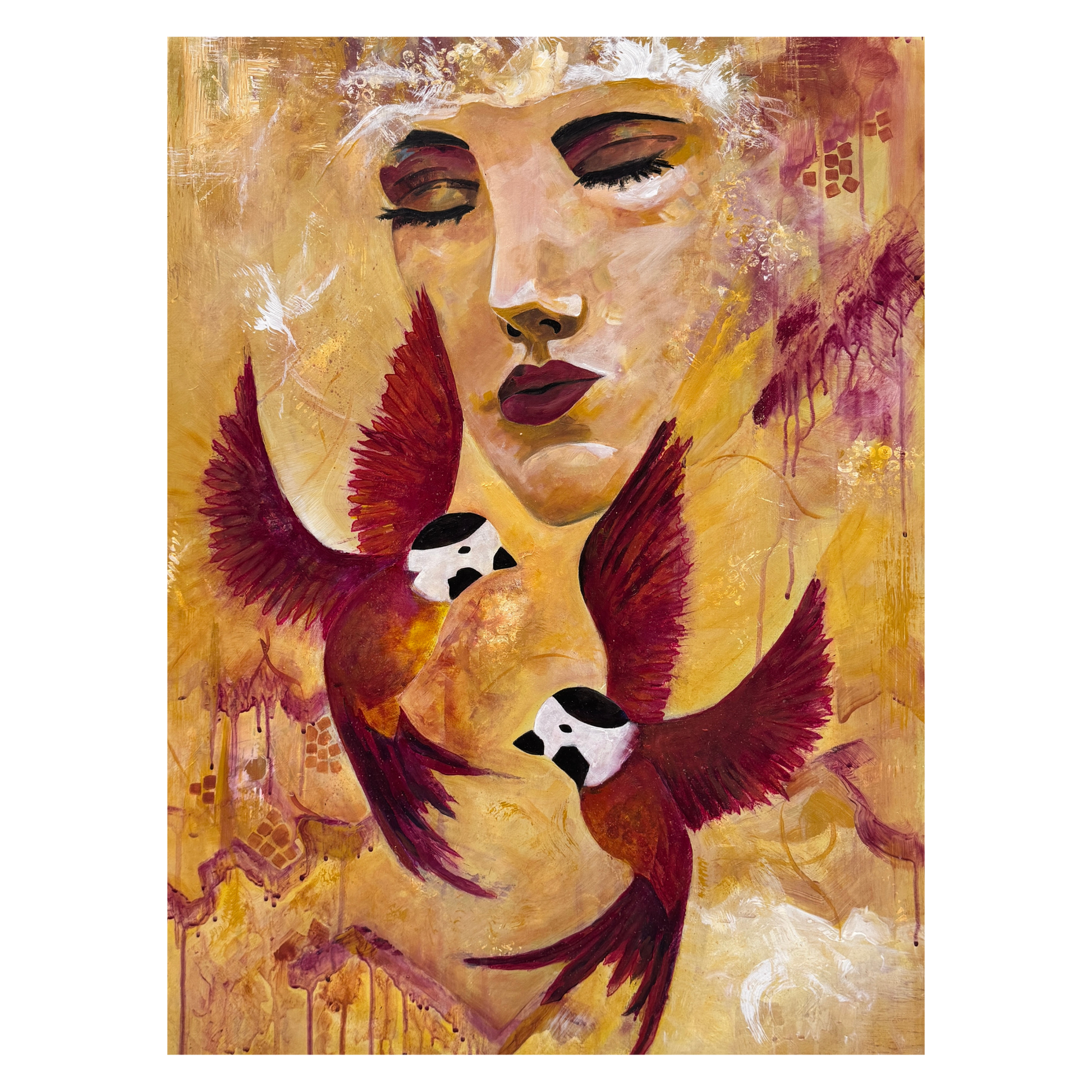 A painting of a woman's face with closed eyes and flying reddish-brown birds on a golden-yellow background.
Maal naise näost suletud silmade ja lendlevate punakaspruunide lindudega kuldkollasel taustal.