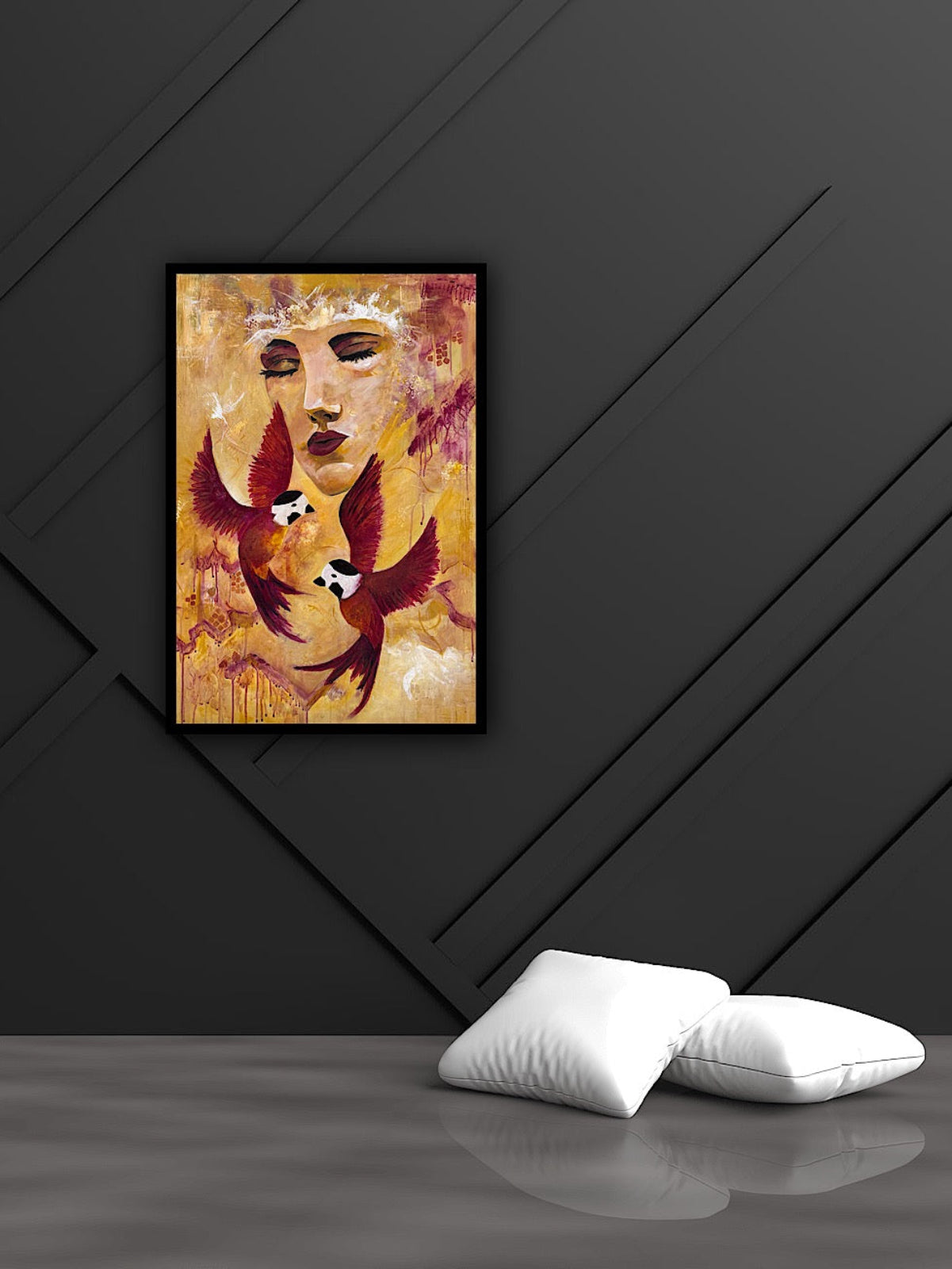 Woman and birds painting on the black wall. 
Naise ja lindude maal musta seina peal. 